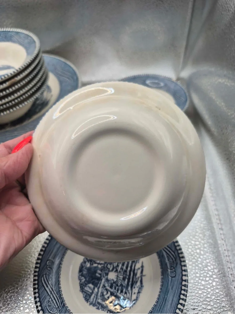 8 Currier & Ives ‘Country Farm Gate’ Blue & White Dessert Bowls Cottagecore Set